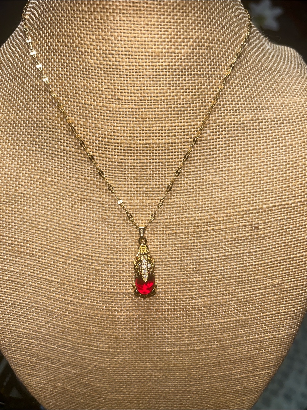Gold Necklace with Red Crystal Pendant - Women Jewelry - Picture 1 of 3